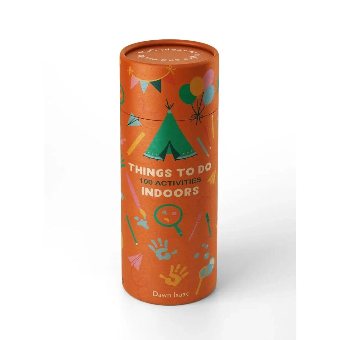 Orange cylindrical book titled 'Things to Do: 100 Activities Indoors' with illustrations on a white background