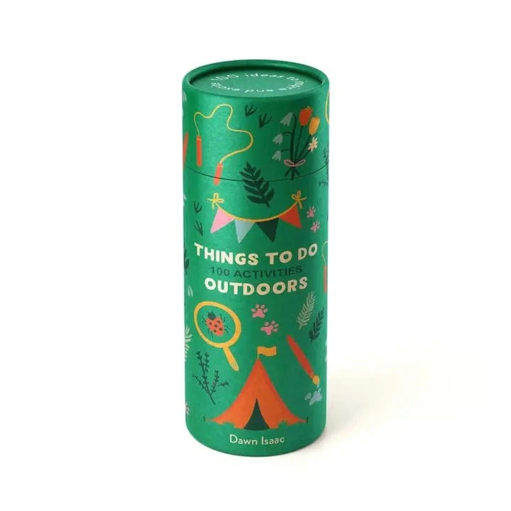 Green cylindrical book titled 'Things to Do Outdoors' with illustrations on a white background