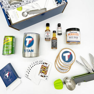 Titan Aviation Fuels gift box for men filled with an assortment of items to stock the bar