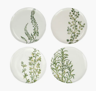 The Fauna Flora Assorted Salad Plates outline the delicate simplicity of nature’s greenery to depict what is commonly found during the hunt (la caccia) in Umbria. (9"D)  Dishwasher and Microwave safe