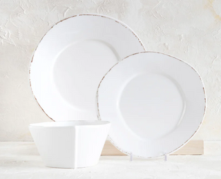 Shatterproof and ultra-chic, the Melamine Lastra White Three-Piece Place Setting from Vietri replicates the beauty of Lastra in the perfect picnic assortment. Lightweight yet sturdy with a glossy finish, this collection is ideal for outdoor use or meals with children. Each set includes a Dinner Plate, Salad Plate, and Cereal Bowl.