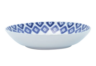 Drawing inspiration from the native colors of the Greek Isles, Santorini will easily become an everyday favorite in your kitchen.  - Santorini Diamond Medium Serving Bowl - Santorini Dot Large Footed Serving Bowl - Santorini Stripe Medium Footed Serving Bowl - Santorini Flower Small Serving Bowl  Product Dimensions: 8"-12"D, 2.5"-4.25"H