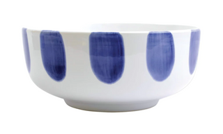 Drawing inspiration from the native colors of the Greek Isles, Santorini will easily become an everyday favorite in your kitchen.  - Santorini Diamond Medium Serving Bowl - Santorini Dot Large Footed Serving Bowl - Santorini Stripe Medium Footed Serving Bowl - Santorini Flower Small Serving Bowl  Product Dimensions: 8"-12"D, 2.5"-4.25"H