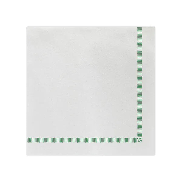 White napkin with green border on a white background