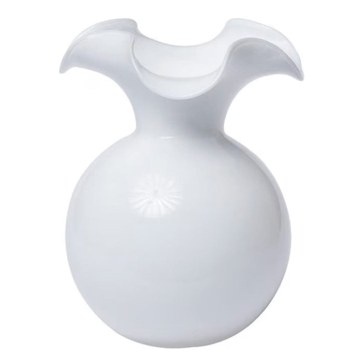 White ceramic vase with a wavy top on a white background