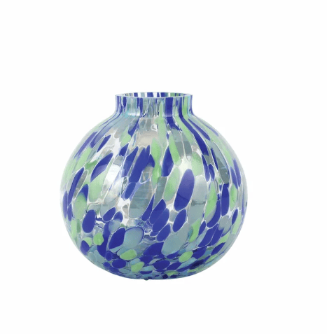 A round glass vase with a narrow neck, featuring a marbled pattern of blue, green, and white glass swirls, isolated on a white background.