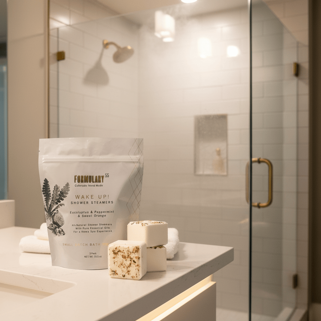 Shower steamers on a bathroom counter with a glass shower door in the background