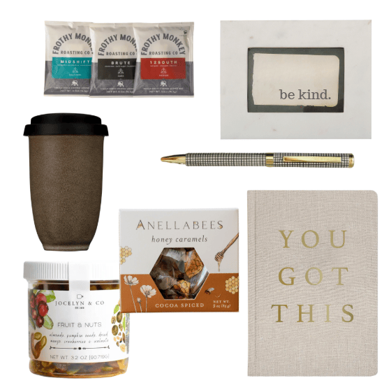 Collection of items including a coffee cup, snacks, a pen, and a notebook with motivational text.