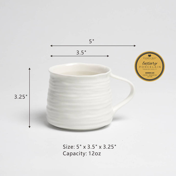 White ceramic mug with dimensions and capacity label on a light gray background