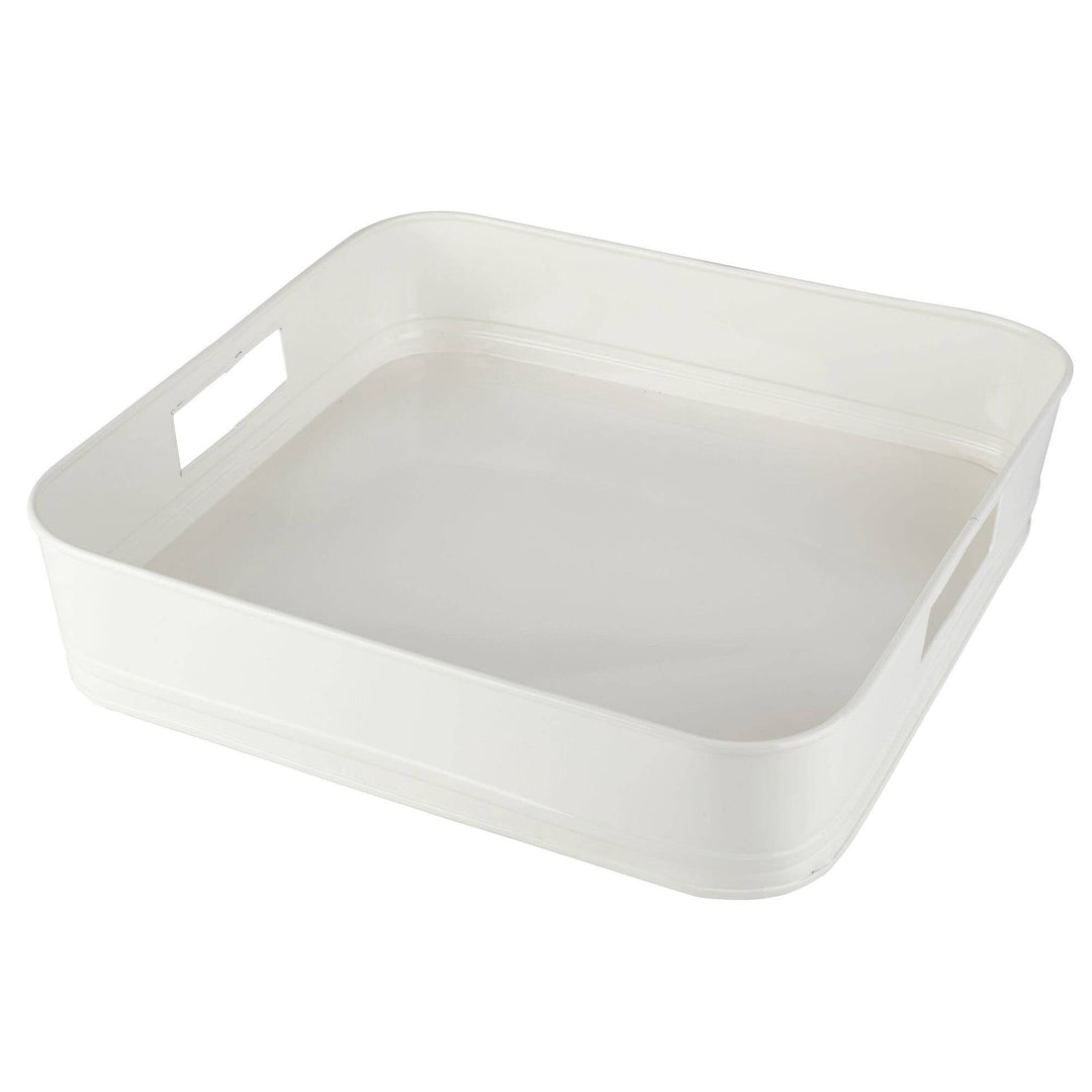 A white rectangular plastic serving tray with integrated side handles, shown on a plain white background.