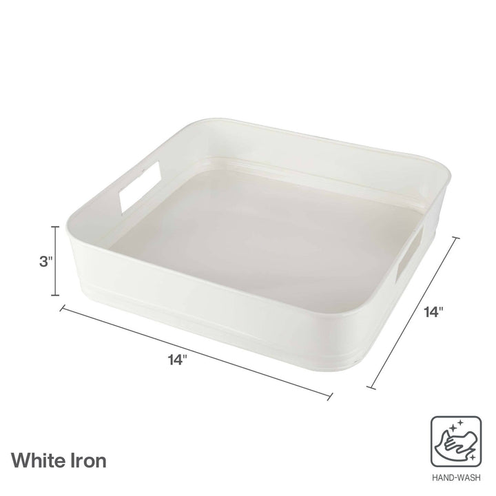 White iron tray with dimensions and hand-wash icon on a white background