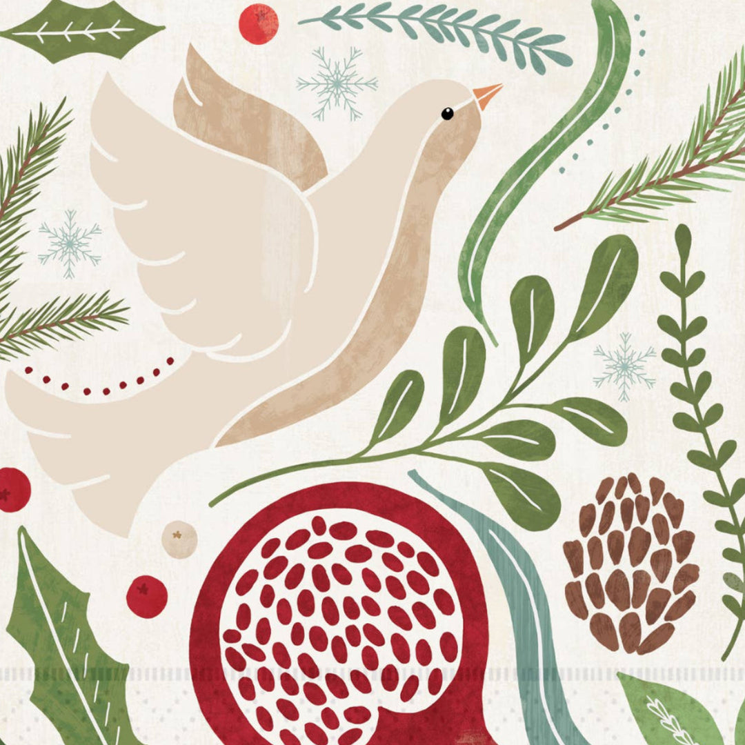 Pattern with a dove, pomegranates, and holly leaves on a white background