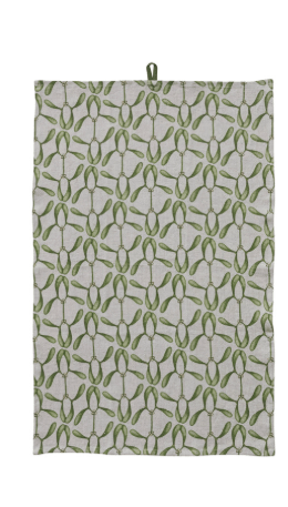 A rectangular kitchen towel with a repeating green leaf pattern on a light beige background, featuring a small green hanging loop at the top.