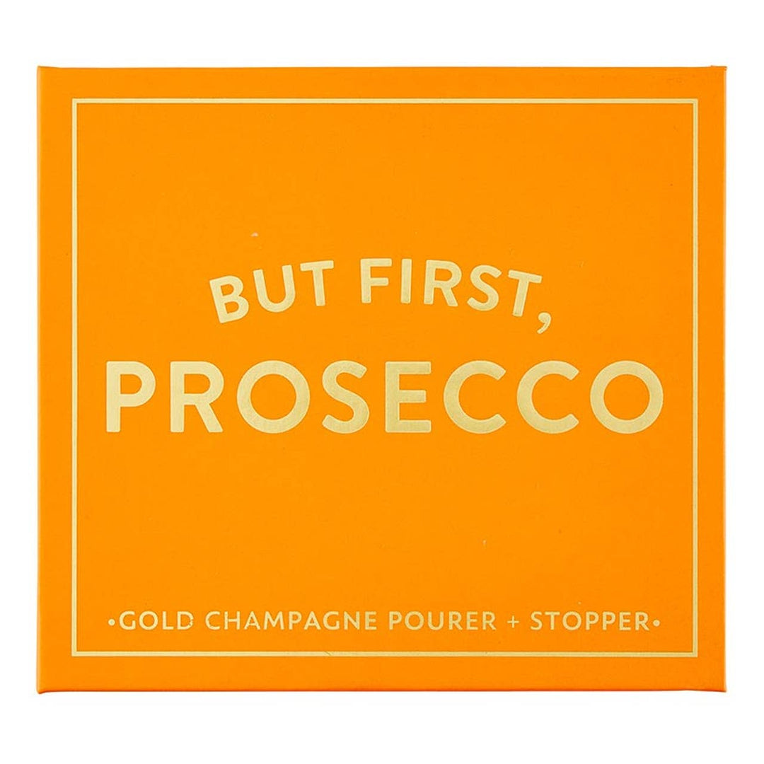 Orange box with 'But First, Prosecco' text on a white background