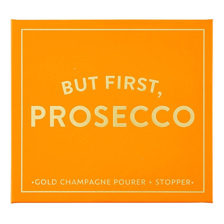 Orange box with 'But First, Prosecco' text on a white background