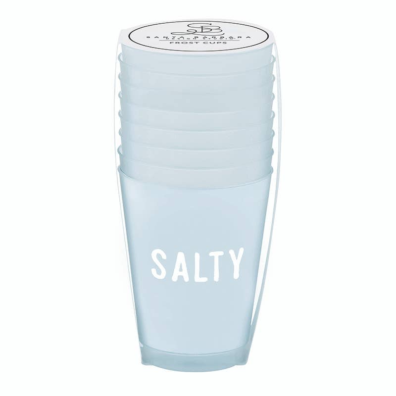 Light blue tumbler with 'Salty' text and a brand logo on a white background