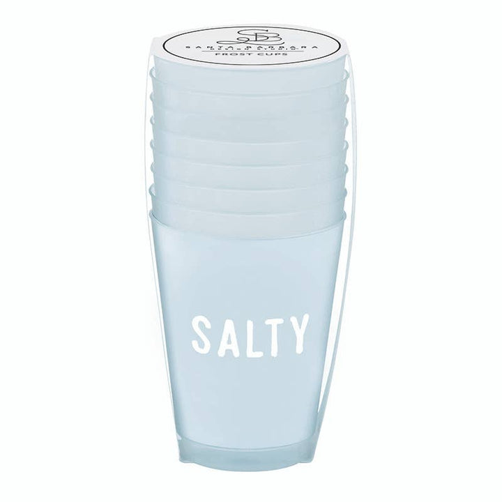 Light blue tumbler with 'Salty' text and a brand logo on a white background