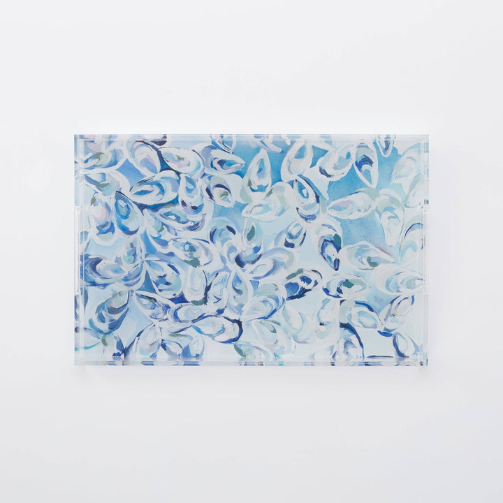 Acrylic tray with blue oyster pattern on a white background