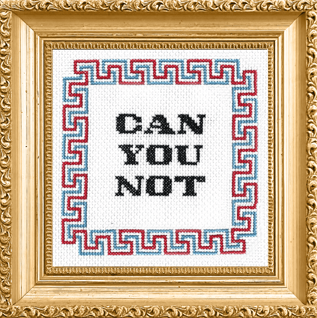 Cross-stitched phrase 'CAN YOU NOT' in a decorative gold frame with Greek key border.