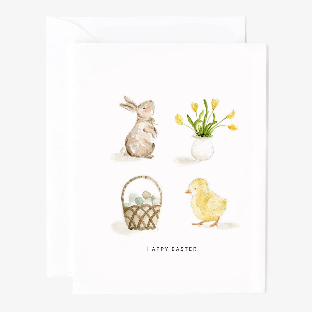 Easter-themed illustration with a rabbit, basket, chick, and tulips on a white background.