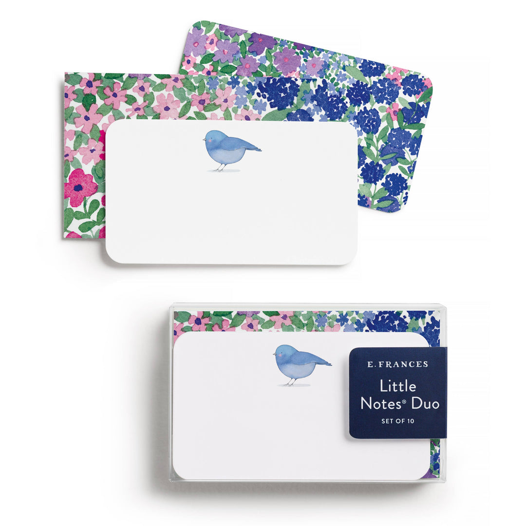 Two floral note pads with a bird illustration and a set of 10 labeled 'Little Notes Duo' by E. Frances on a white background.
