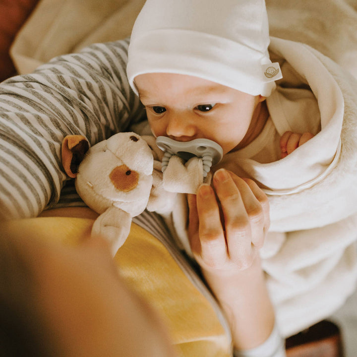 Baby wrapped in a blanket with Skipit soft toy dog lovey, wearing a pacifier