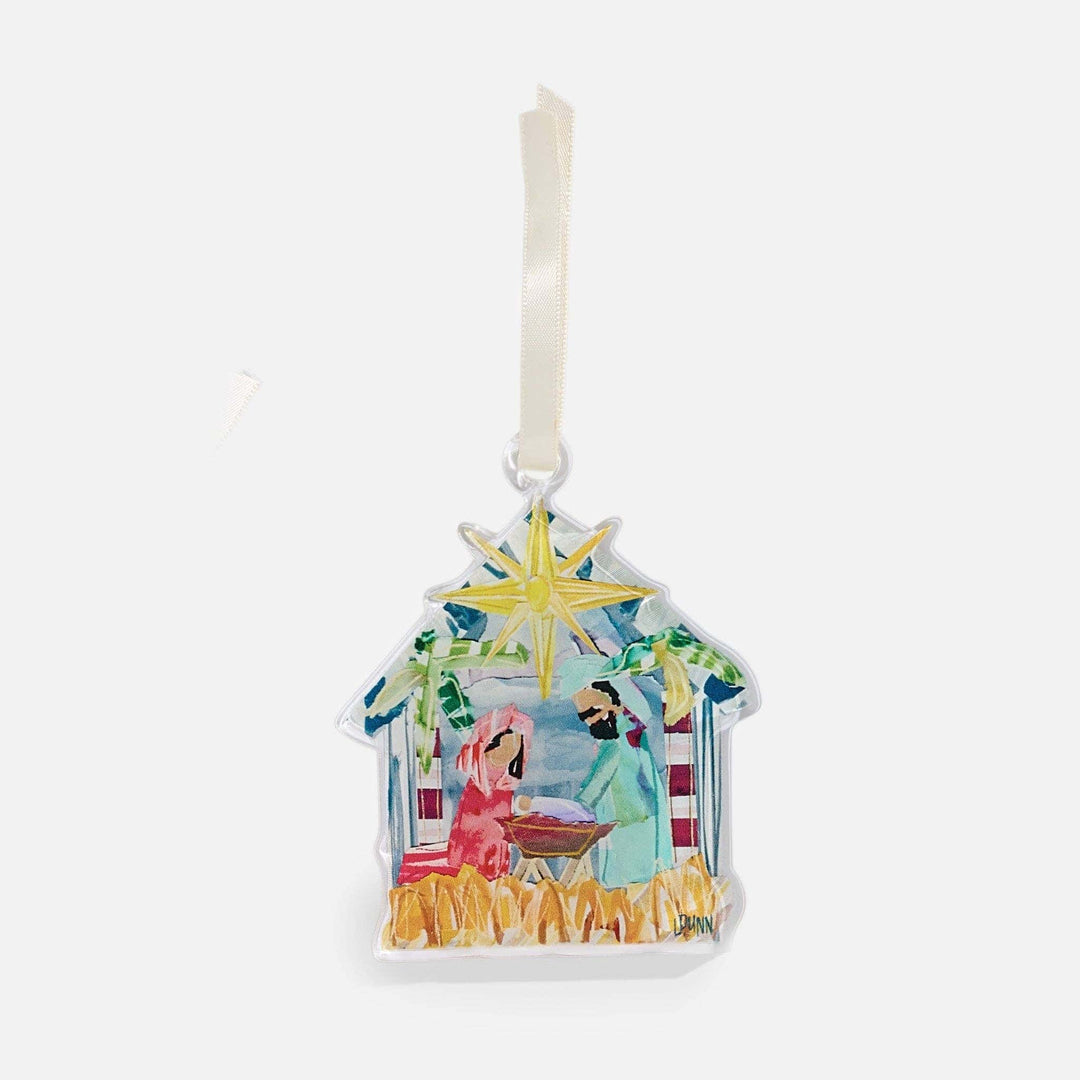 Lauren Dunn decorative Acrylic Christmas ornament with nativity scene and star on a white background