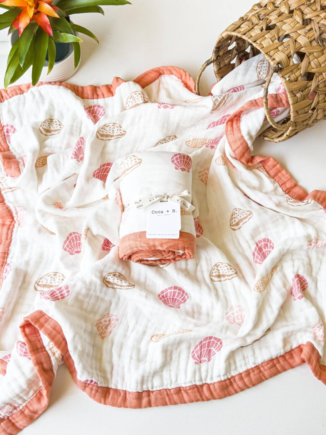 Boho Beach Seashell Print Organic Bamboo Muslin Blanket - Small Batch Specialty Gifts