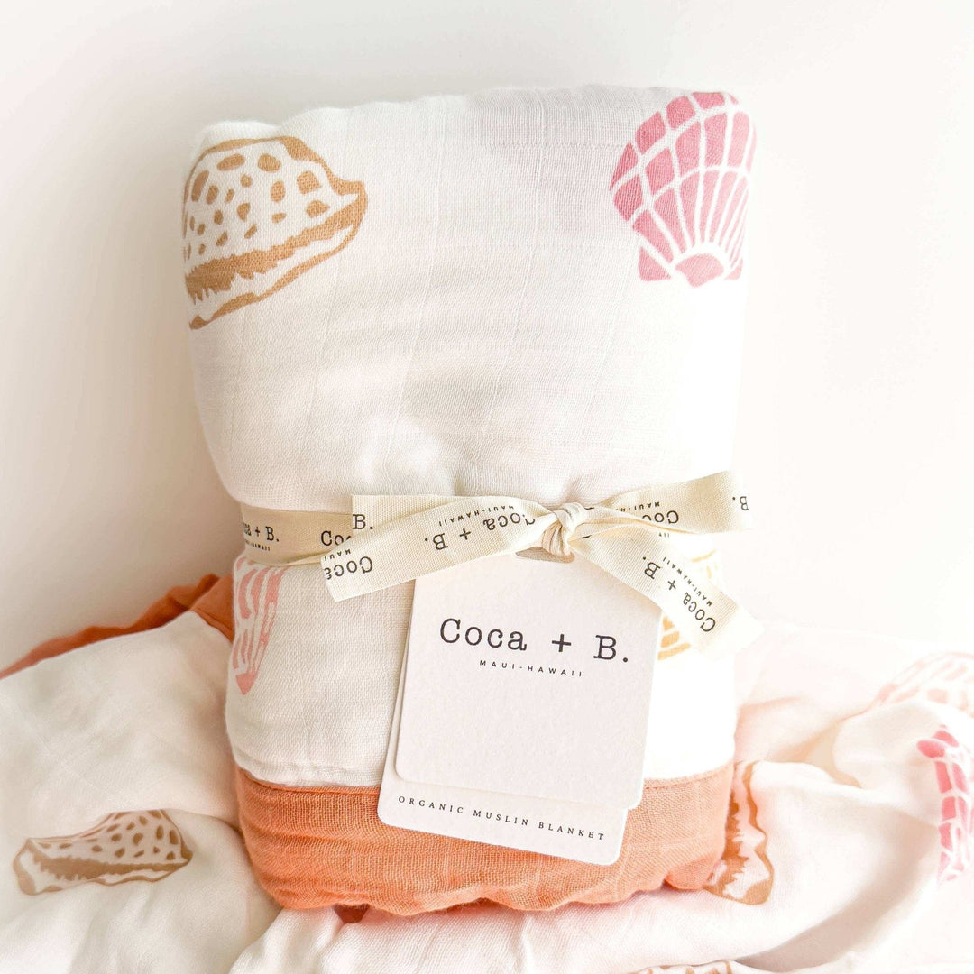 Boho Beach Seashell Print Organic Bamboo Muslin Blanket - Small Batch Specialty Gifts