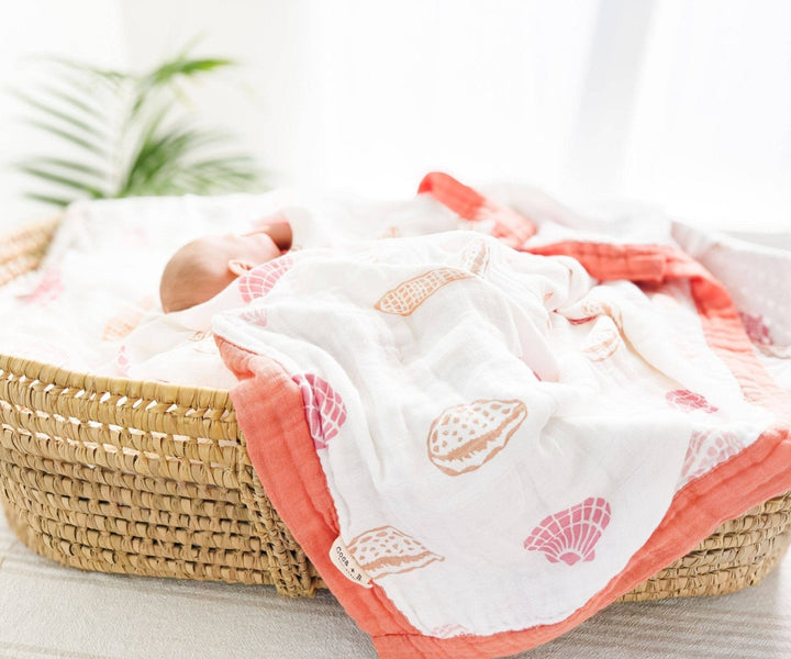 Boho Beach Seashell Print Organic Bamboo Muslin Blanket - Small Batch Specialty Gifts