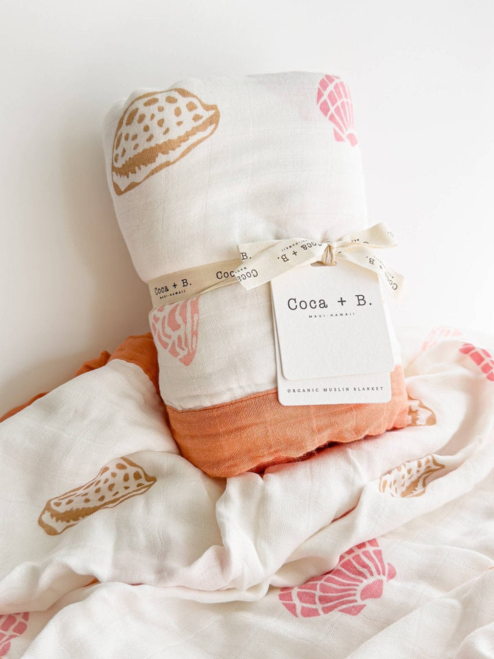 Boho Beach Seashell Print Organic Bamboo Muslin Blanket - Small Batch Specialty Gifts