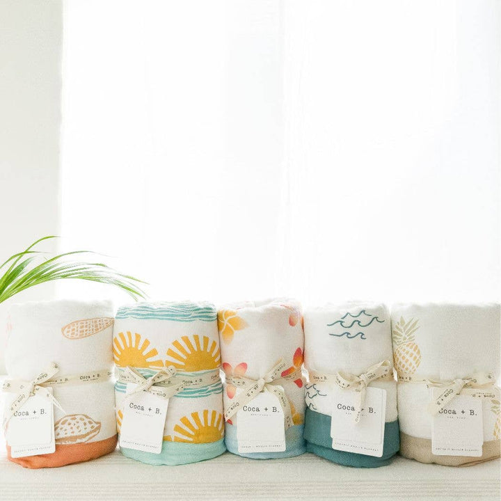 Boho Beach Seashell Print Organic Bamboo Muslin Blanket - Small Batch Specialty Gifts