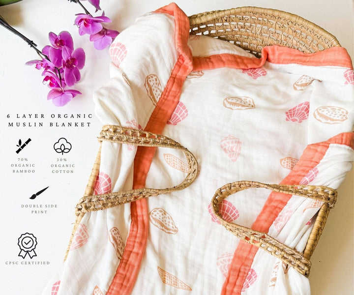 Boho Beach Seashell Print Organic Bamboo Muslin Blanket - Small Batch Specialty Gifts