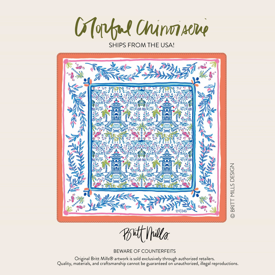Mahjong mat with Colorful blue, white and pink chinoiserie pattern.
