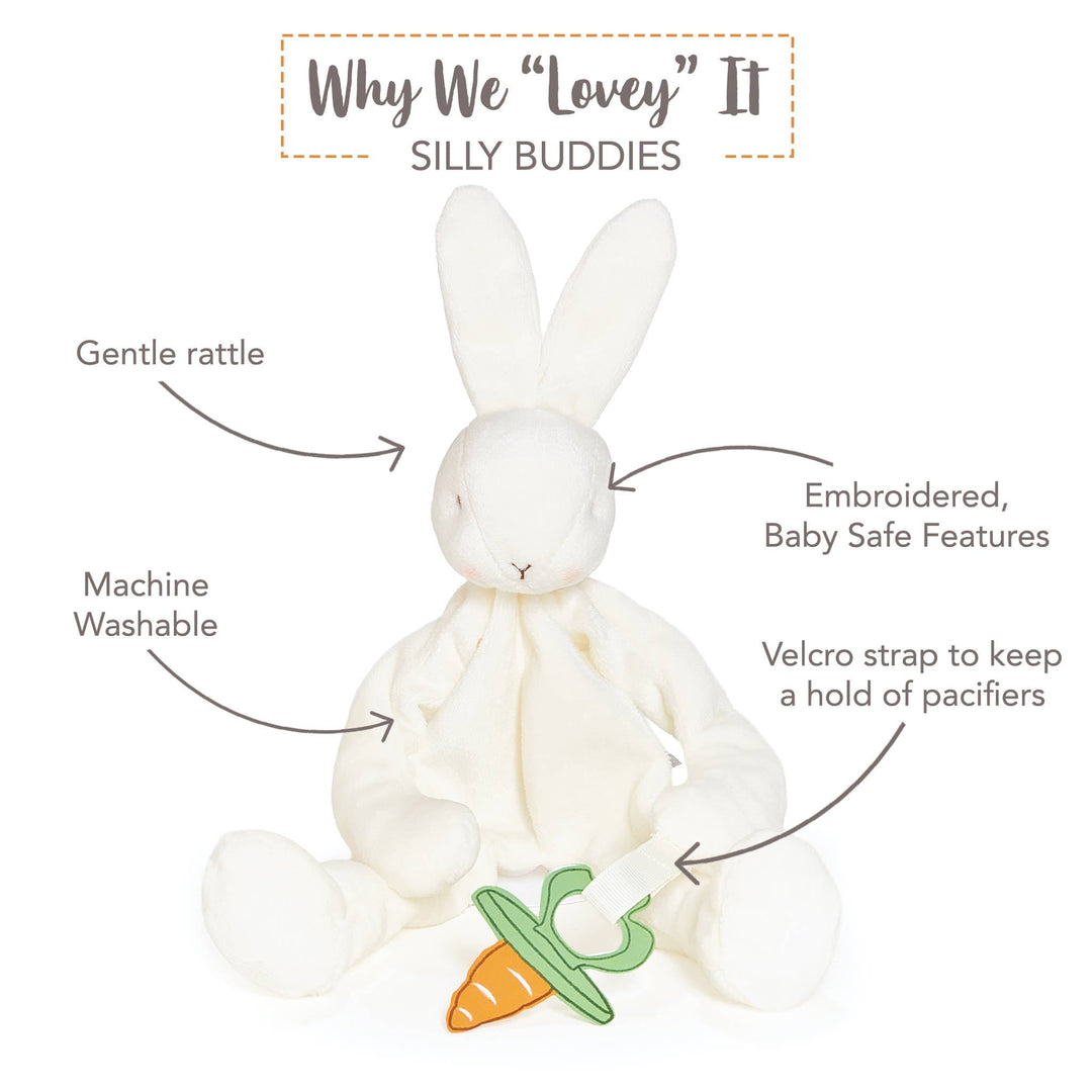 White bunny toy with carrot carabiner, labeled features on a white background