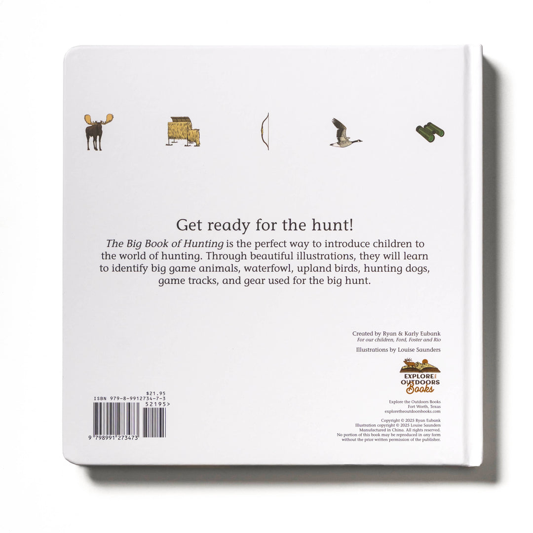 Back cover of a book titled 'The Big Book of Hunting' with illustrations and text on a white background.