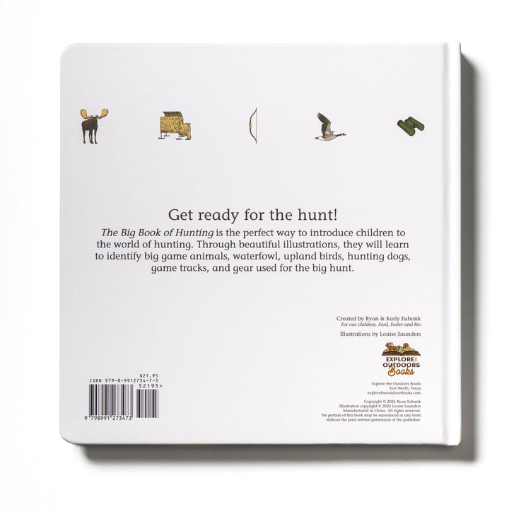 Back cover of a book titled 'The Big Book of Hunting' with illustrations and text on a white background.