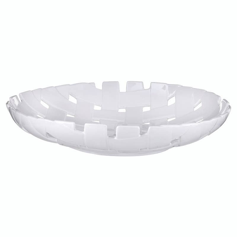 White ceramic woven basket on a white background