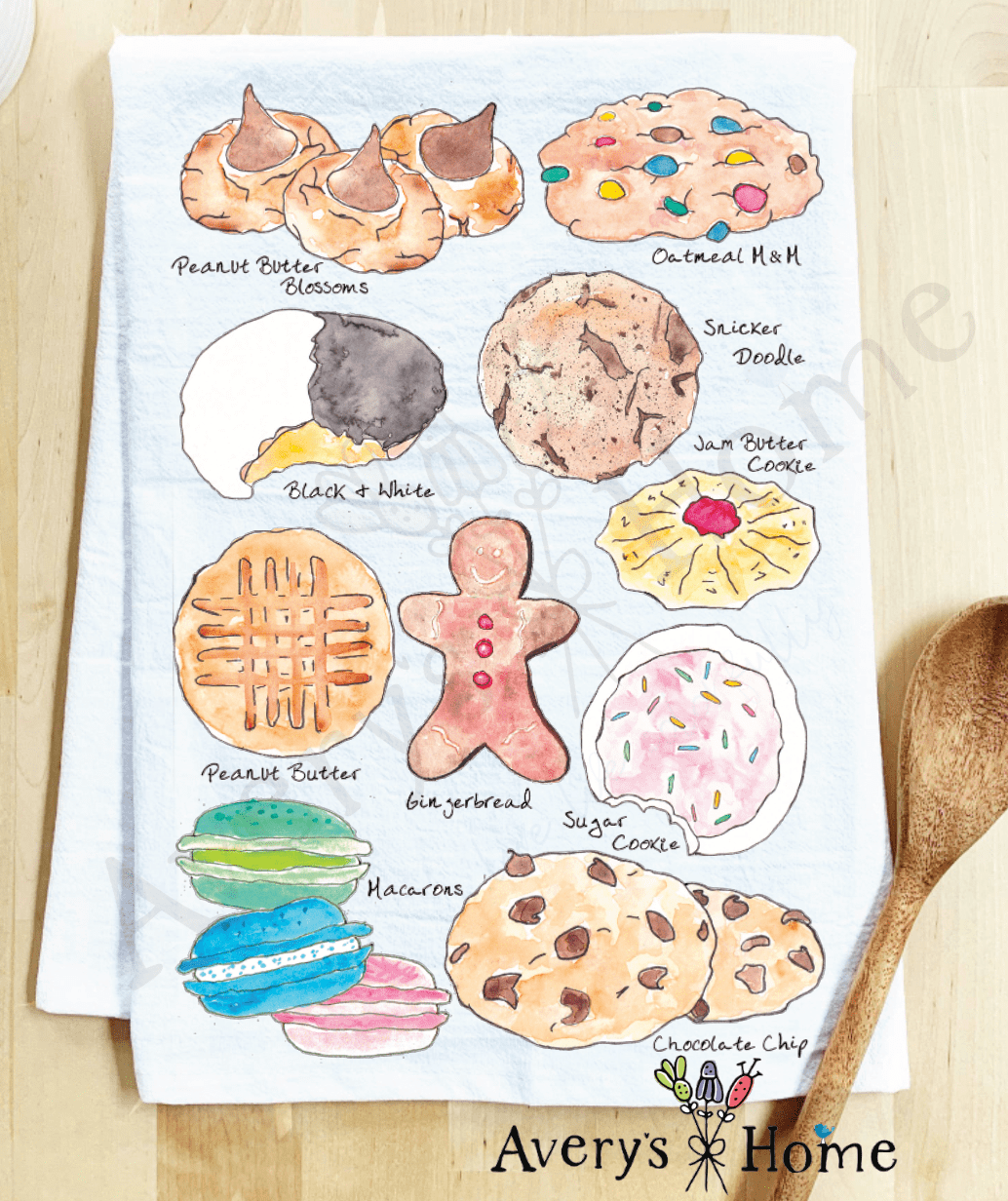 Tea towel with illustrations of various cookies and treats, branded 'Avery's Home'.