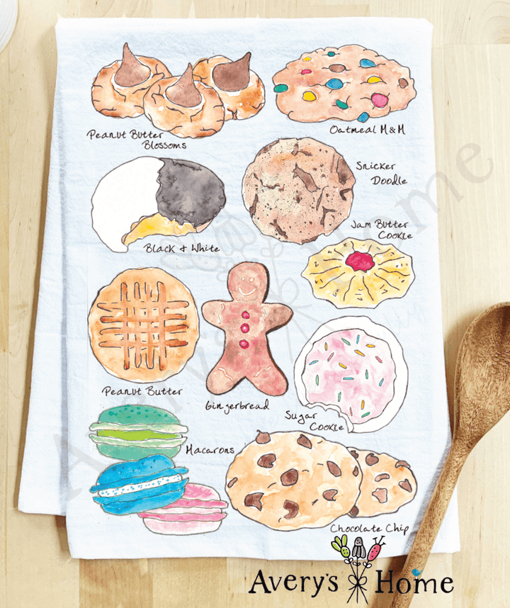 Tea towel with illustrations of various cookies and treats, branded 'Avery's Home'.