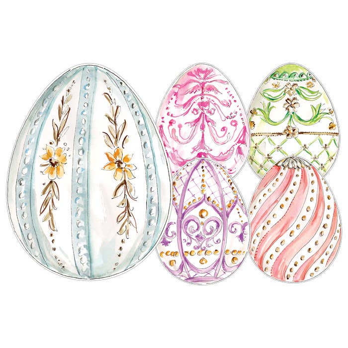Decorative Easter eggs with floral and geometric patterns on a white background