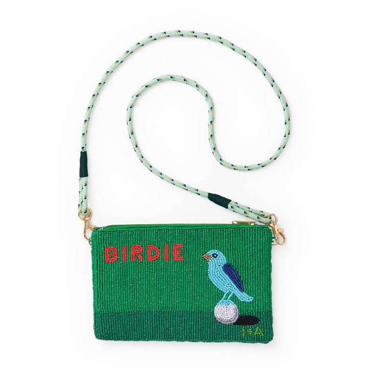 Green pouch with 'BIRDIE' and a bird illustration on a white background