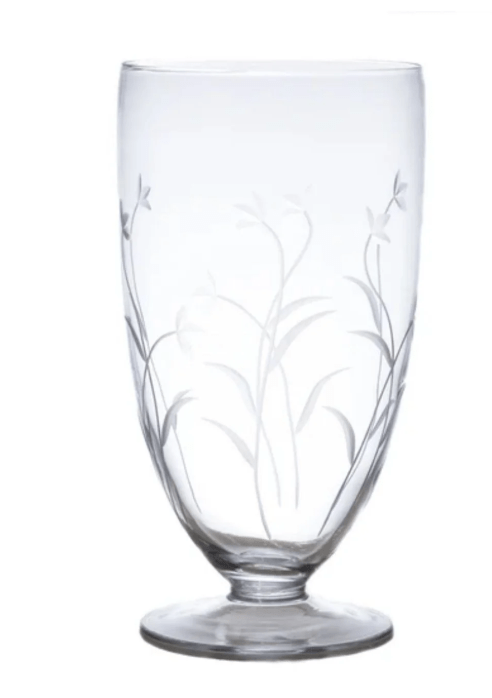 Classic Glass Hurricane with etched flower designs on a white background