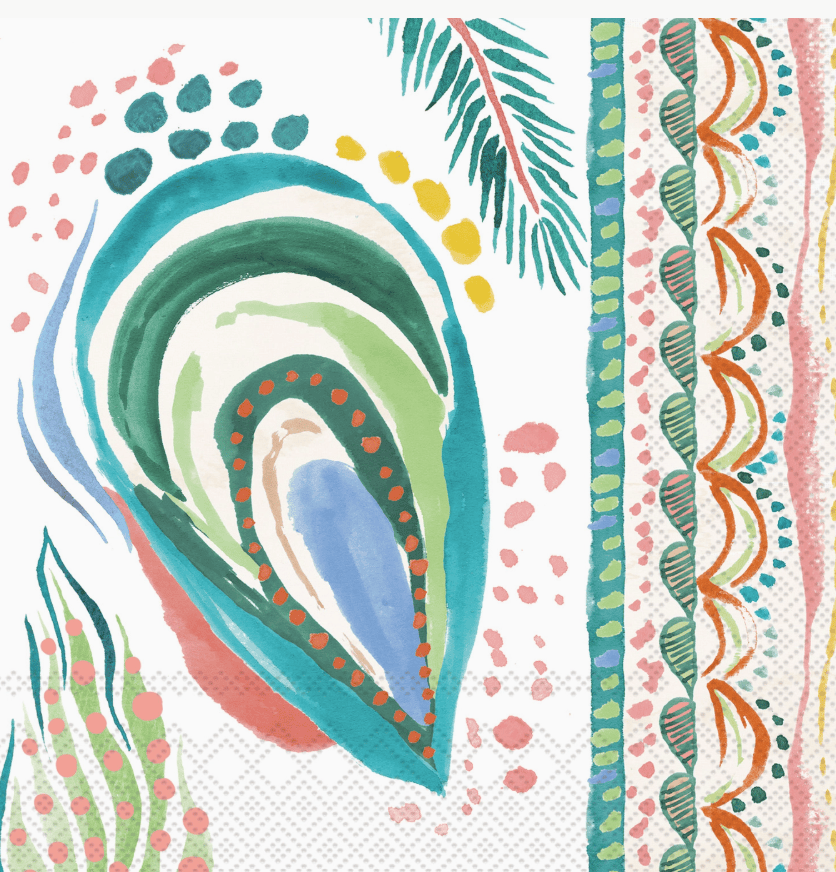A colorful abstract art print featuring a large peacock-feather-inspired motif in teal, green, cream, and blue, with pink dots and botanical elements, alongside vertical decorative borders on the right.