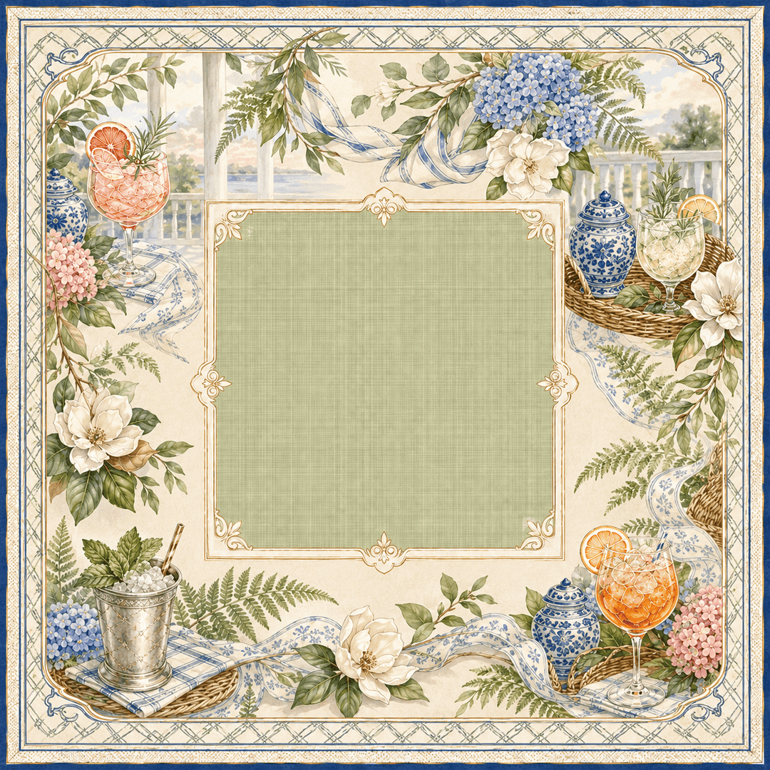 Mahjong mat with a large pale green central square surrounded by an ornate border of flowers, greenery, blue-and-white ribbons, and cocktail glasses. No person, animal, or real environment is present; this is a clean depiction of the design itself, so Product/Packaging fits better than Lifestyle or Scenery.