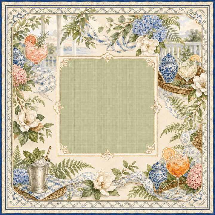 Mahjong mat with a large pale green central square surrounded by an ornate border of flowers, greenery, blue-and-white ribbons, and cocktail glasses. No person, animal, or real environment is present; this is a clean depiction of the design itself, so Product/Packaging fits better than Lifestyle or Scenery.