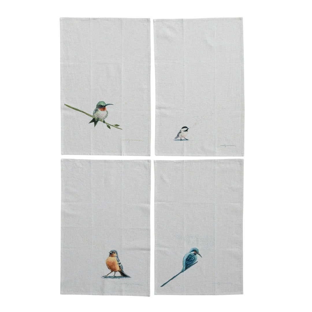 Cotton & Linen Printed Tea Towel w/ Bird, 3 Styles - Small Batch Specialty Gifts