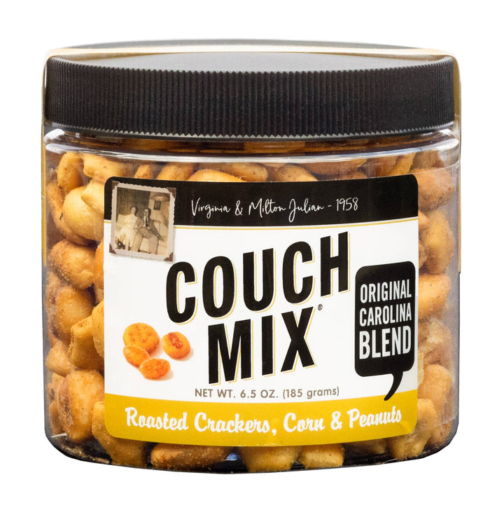 Couch Mix® - 6.5 - oz Jar with roasted crackers, corn and peanuts on a white background