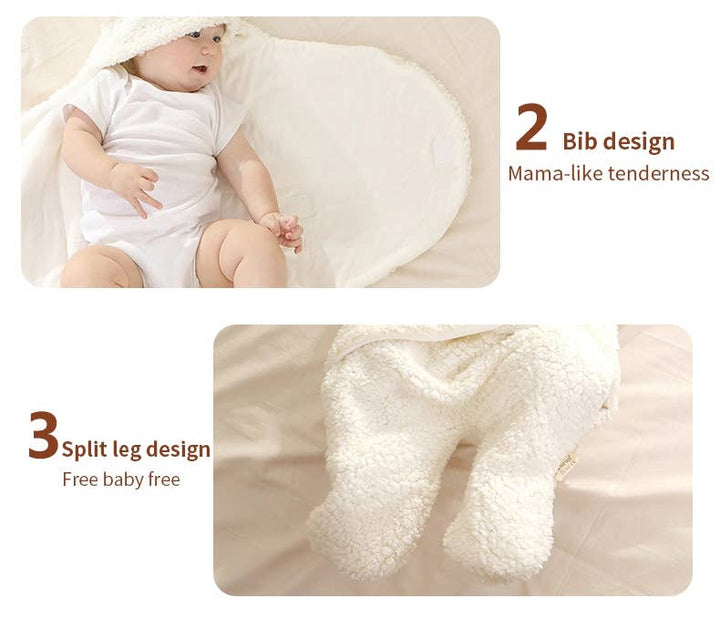 A two-panel promotional graphic showing a baby wearing a soft white hooded bodysuit and diaper area, lying on a white curved support pad, with text reading '2 Bib design Mama-like tenderness' and '3 Split leg design Free baby free.' A close-up panel shows the plush white fabric of the lower garment.