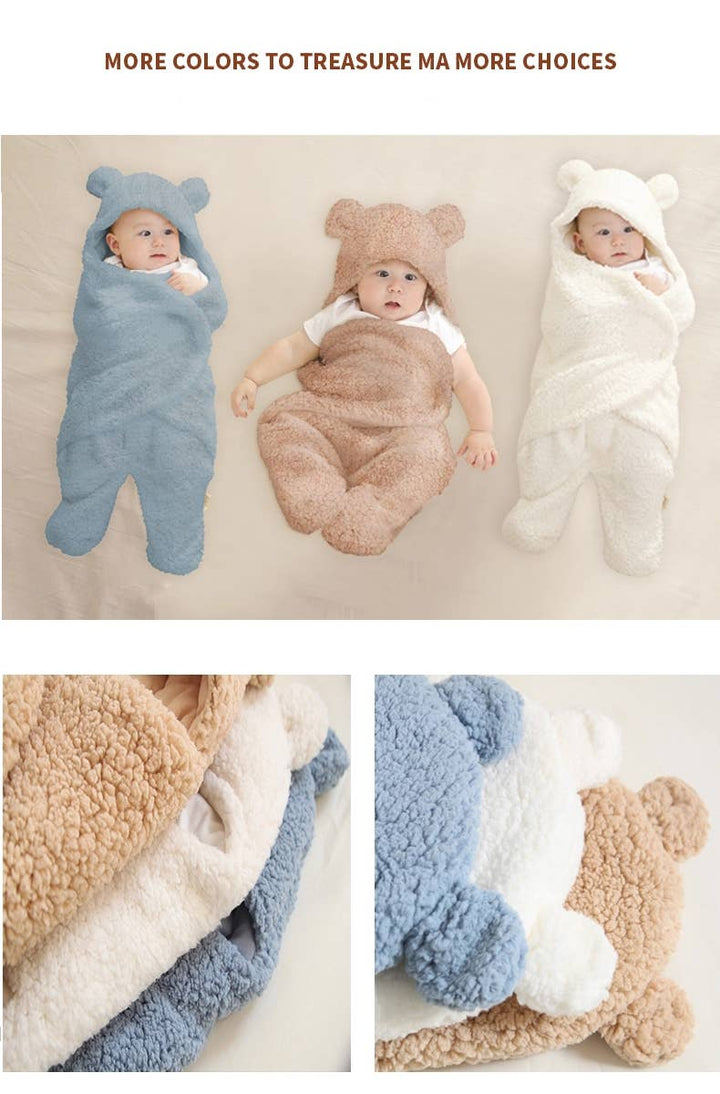 Three babies lying on a beige blanket wearing plush bear-shaped swaddle blankets in light blue, tan, and cream. The top of the image has the text 'MORE COLORS TO TREASURE MA MORE CHOICES' and the bottom shows close-up views of the plush fabric textures in the same colorways.